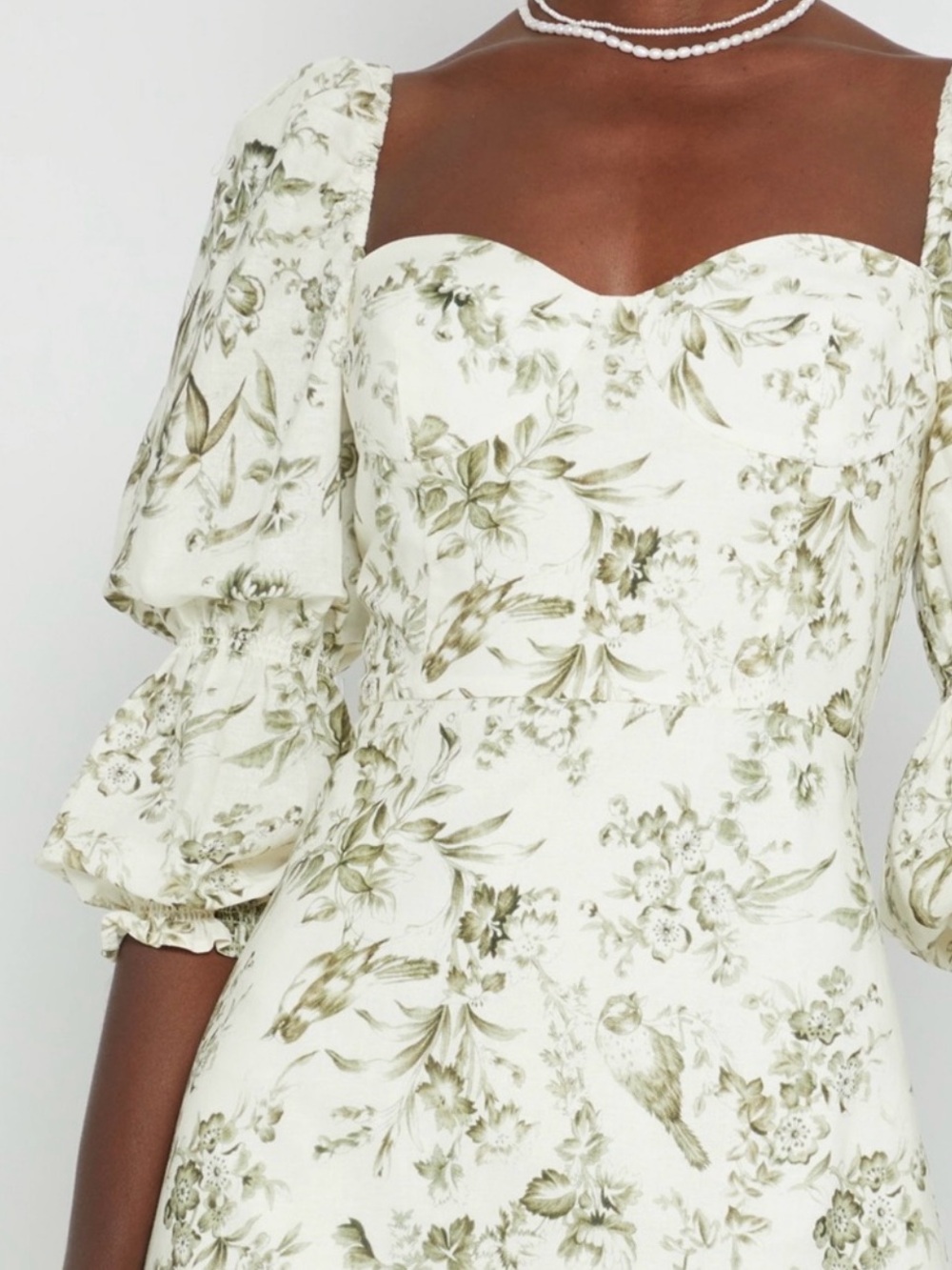 O.P.T. Ivory Green Floral Bird Novelty Print Linen Blend Puff Sleeve Midi Dress
